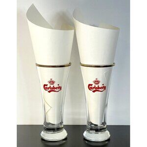 Vintage Danish Carlsberg Red Logo 16 oz Gold Rim  Beer Glasses Denmark set of 2